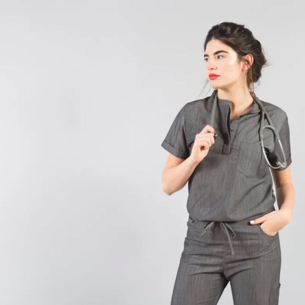 Luxury, Fabled Scrub SET charcoal top XS bottoms Petite Sm